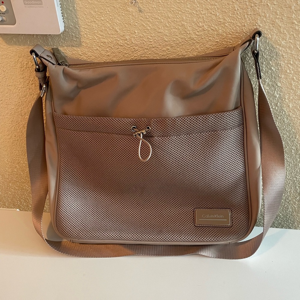 Calvin Klein Tan Leather Messenger Bag Minimalist Design